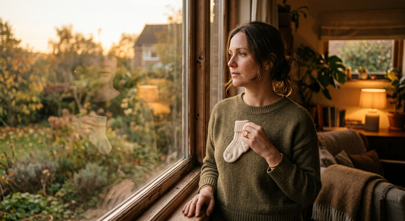 Frau hält eine kleine Babysocke in der Hand und blickt nachdenklich aus dem Fenster