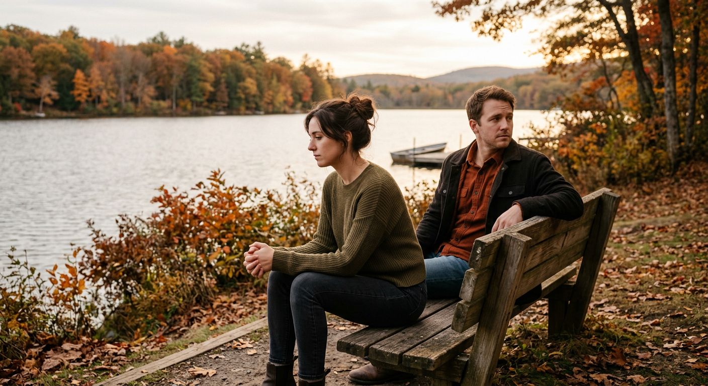 Paar sitzt auf einer Bank am See und blickt nachdenklich in verschiedene Richtungen