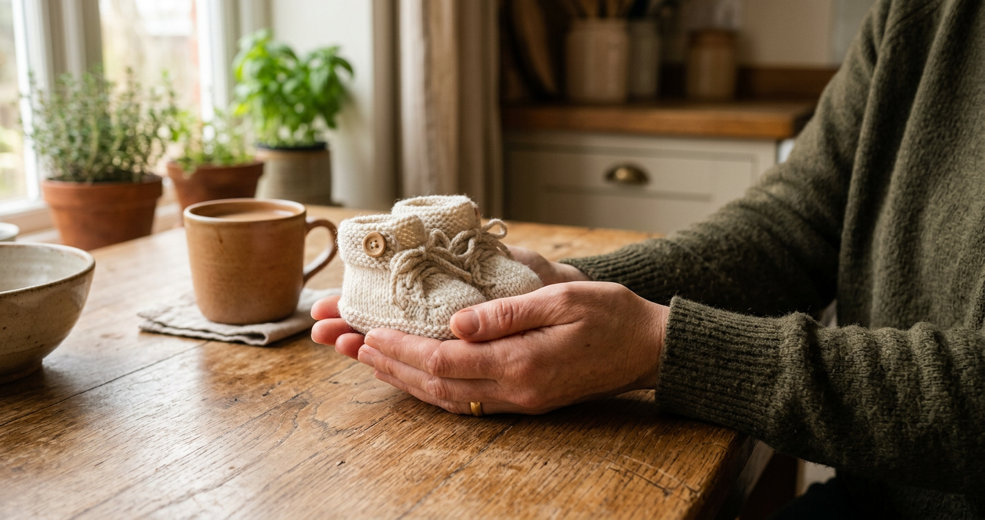 Frauenhände halten zärtlich kleine Babyschuhe auf einem Holztisch in einer warmen Küche