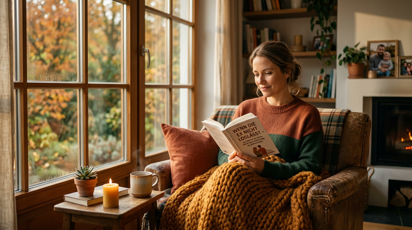 Paar sitzt zusammen auf einer Bank im Herbstwald — gemeinsam als Team auftreten