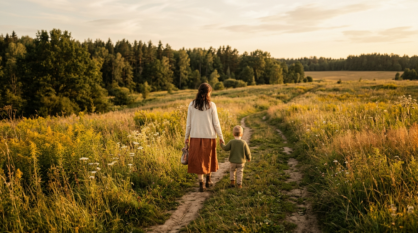 Kind sitzt nachdenklich zwischen zwei Elternteilen — Loyalitätskonflikte in der Patchworkfamilie