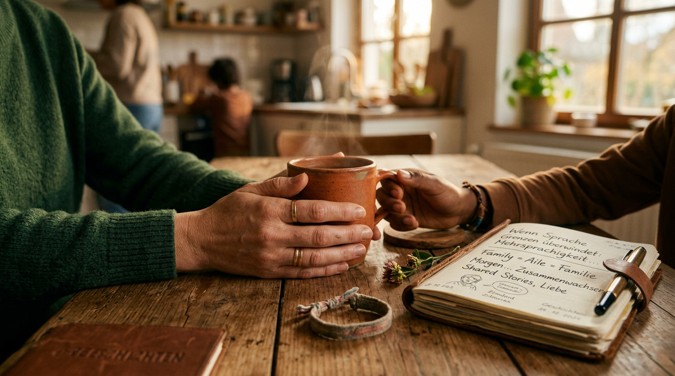 Mutter und Kinder lesen gemeinsam ein zweisprachiges Bilderbuch auf dem Sofa