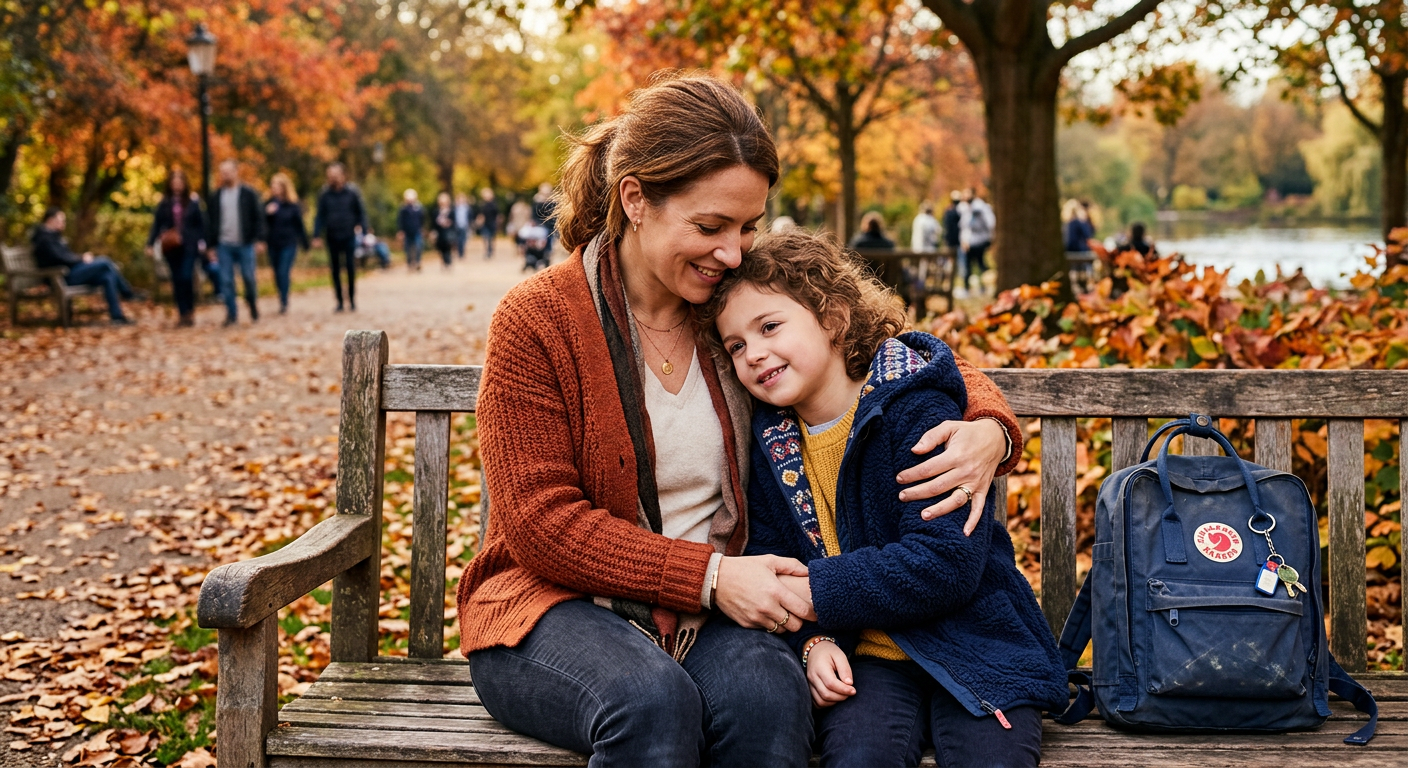 Mutter und Kind sitzen tröstend auf einer Parkbank im Herbst, Schulrucksack daneben