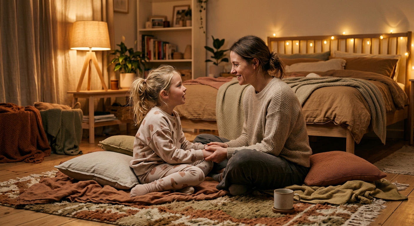 Mutter und Kind sitzen auf dem Schlafzimmerboden und reden miteinander