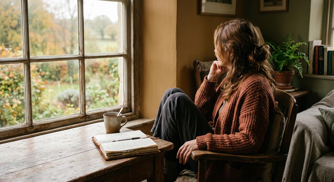 Frau sitzt nachdenklich am Fenster, warmes Licht, Patchwork-Alltag