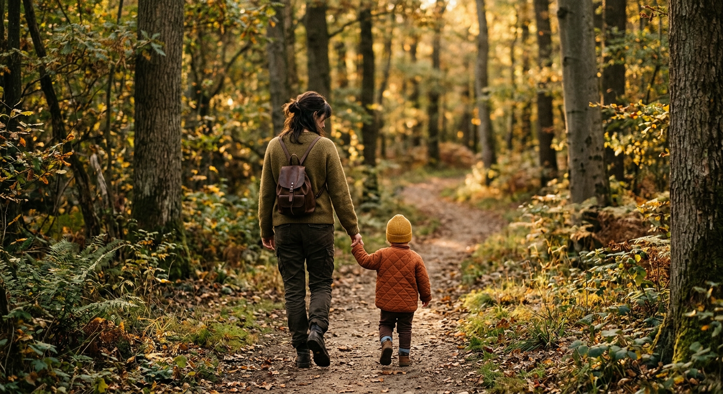 Mutter und Kind halten Händchen, Rückenansicht, warme Farben