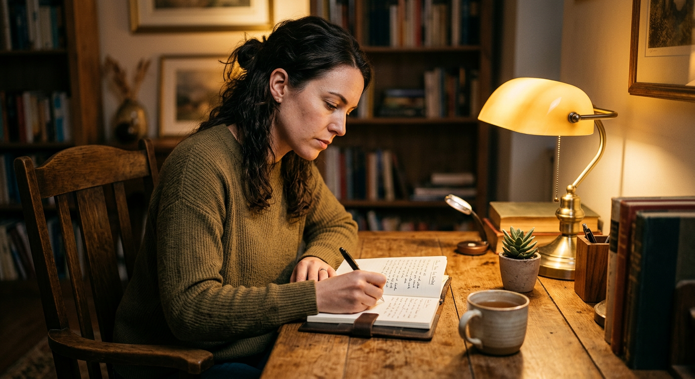 Frau schreibt entschlossen in ein Journal an einem Holztisch