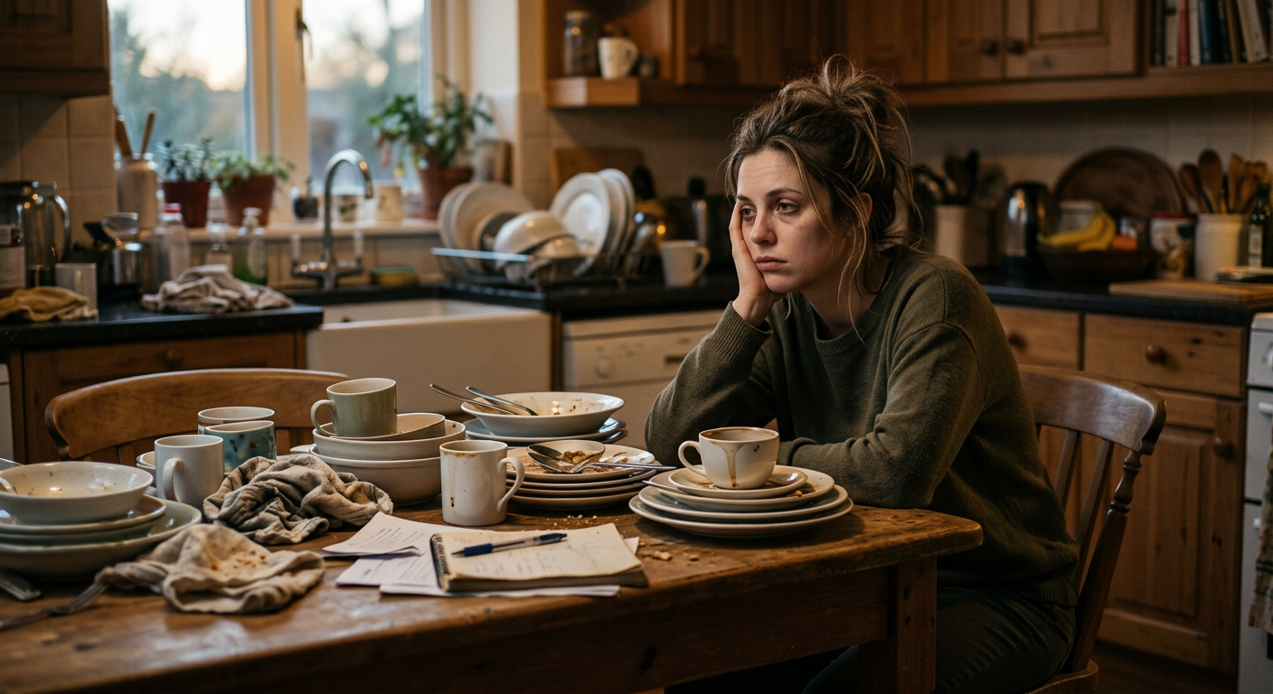 Erschöpfte Frau sitzt am Küchentisch und starrt ins Leere — das Ergebnis von People Pleasing