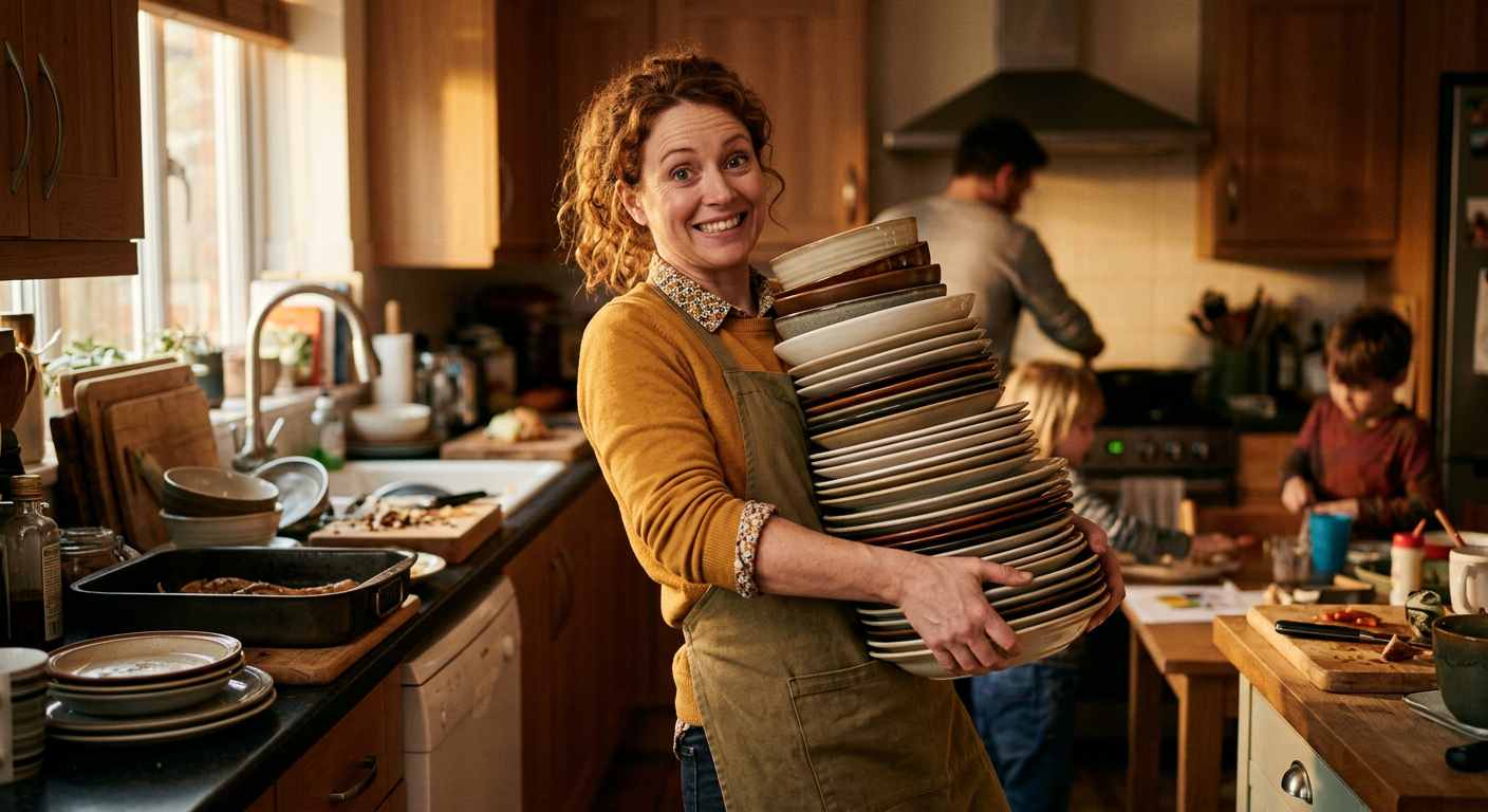 Frau hält lächelnd einen Stapel Teller, während hinter ihr Chaos herrscht