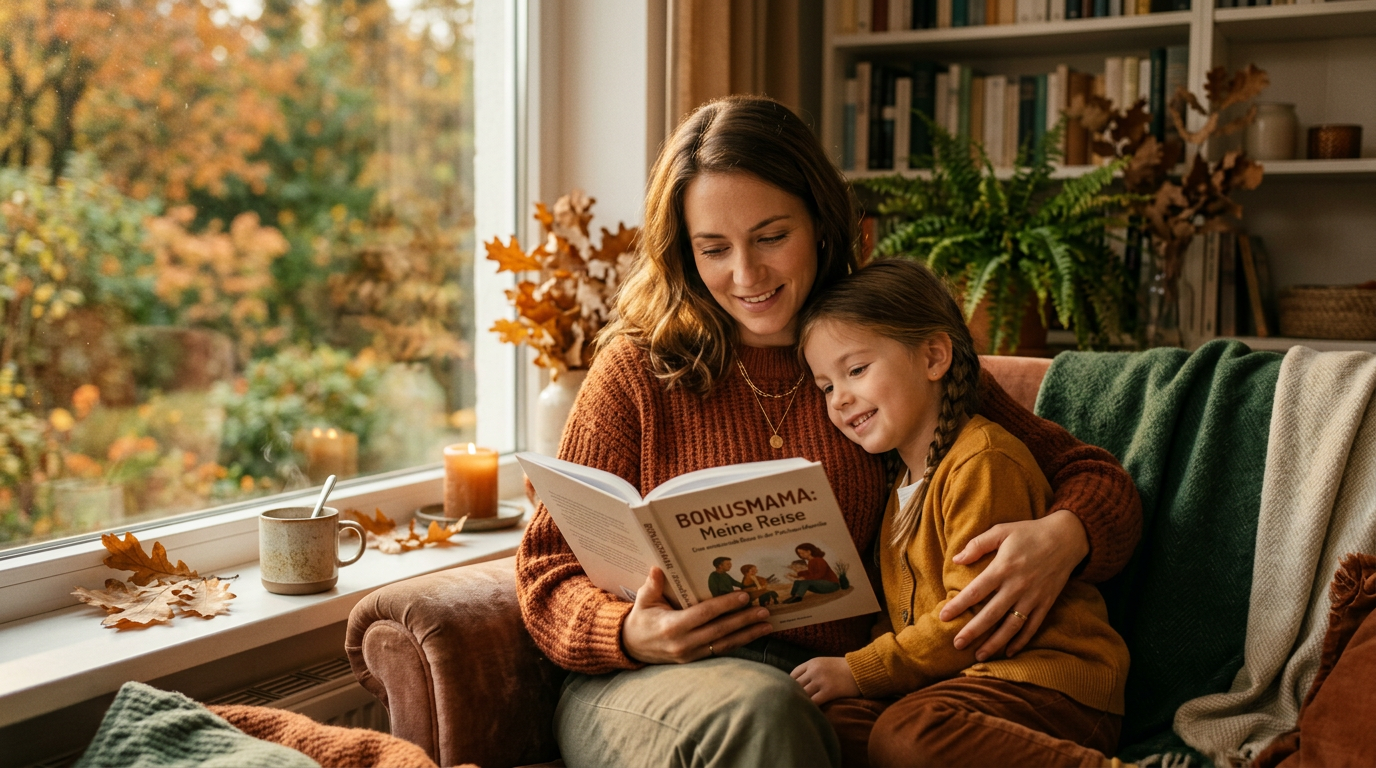 Frau lächelt zufrieden im Herbstwald — innere Stärke und neue Rolle gefunden