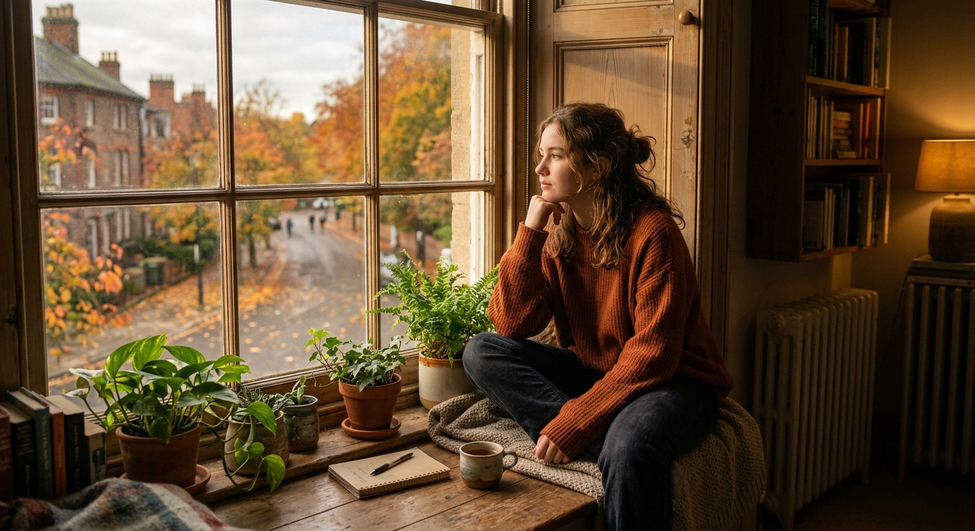 Jugendliche sitzt allein am Fenster und blickt nachdenklich nach draußen, warmes Herbstlicht