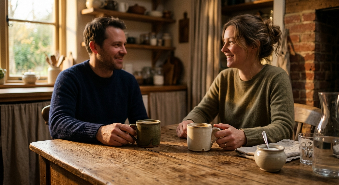 Zwei Kaffeetassen auf einem Holztisch, warmes Licht — ruhiges Gespräch zwischen zwei Personen