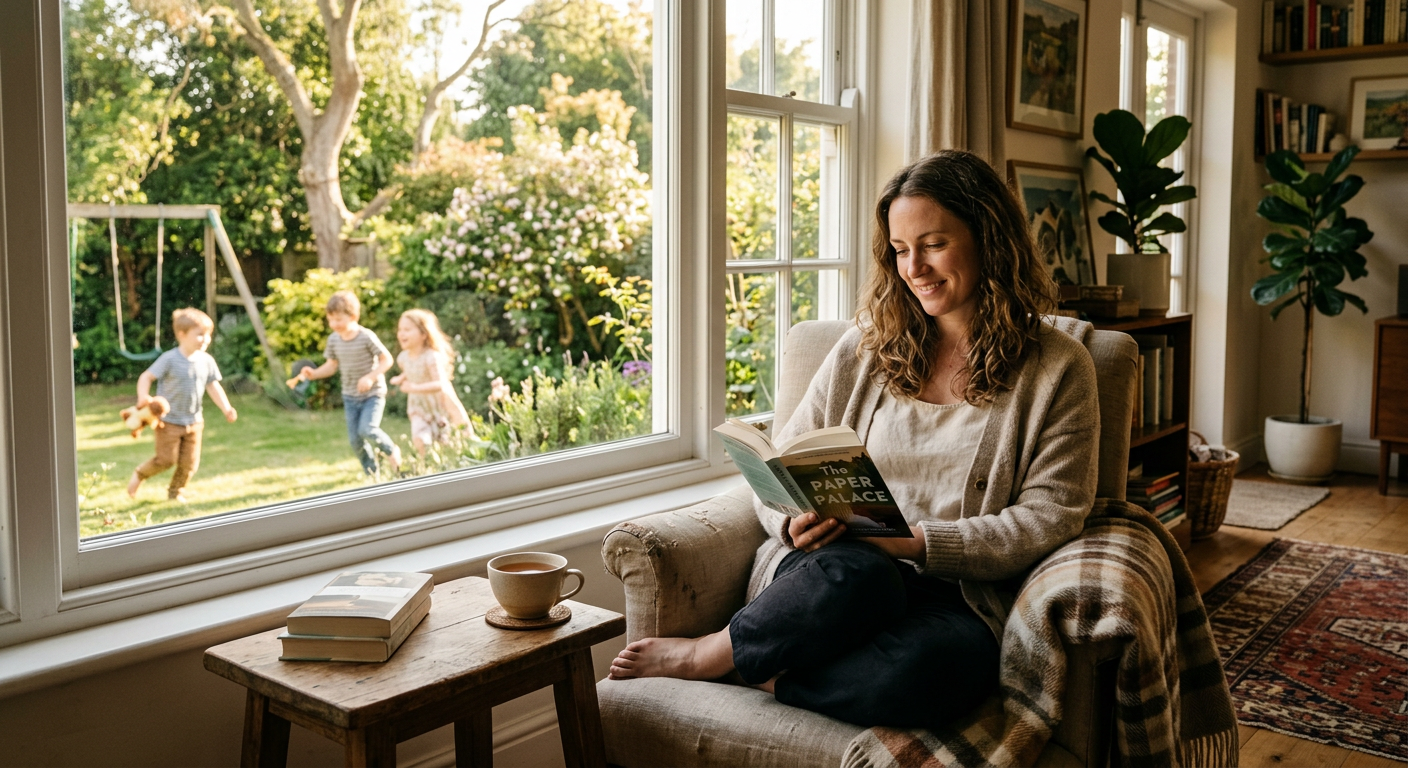 Frau sitzt entspannt allein in einem sonnigen Raum und liest ein Buch, während Kinder draußen im Garten spielen