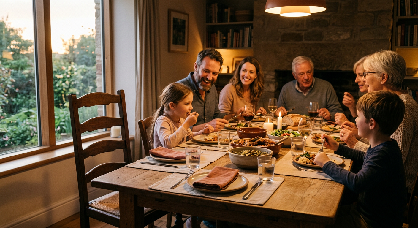 Leerer Stuhl an einem gedeckten Familientisch am Abend