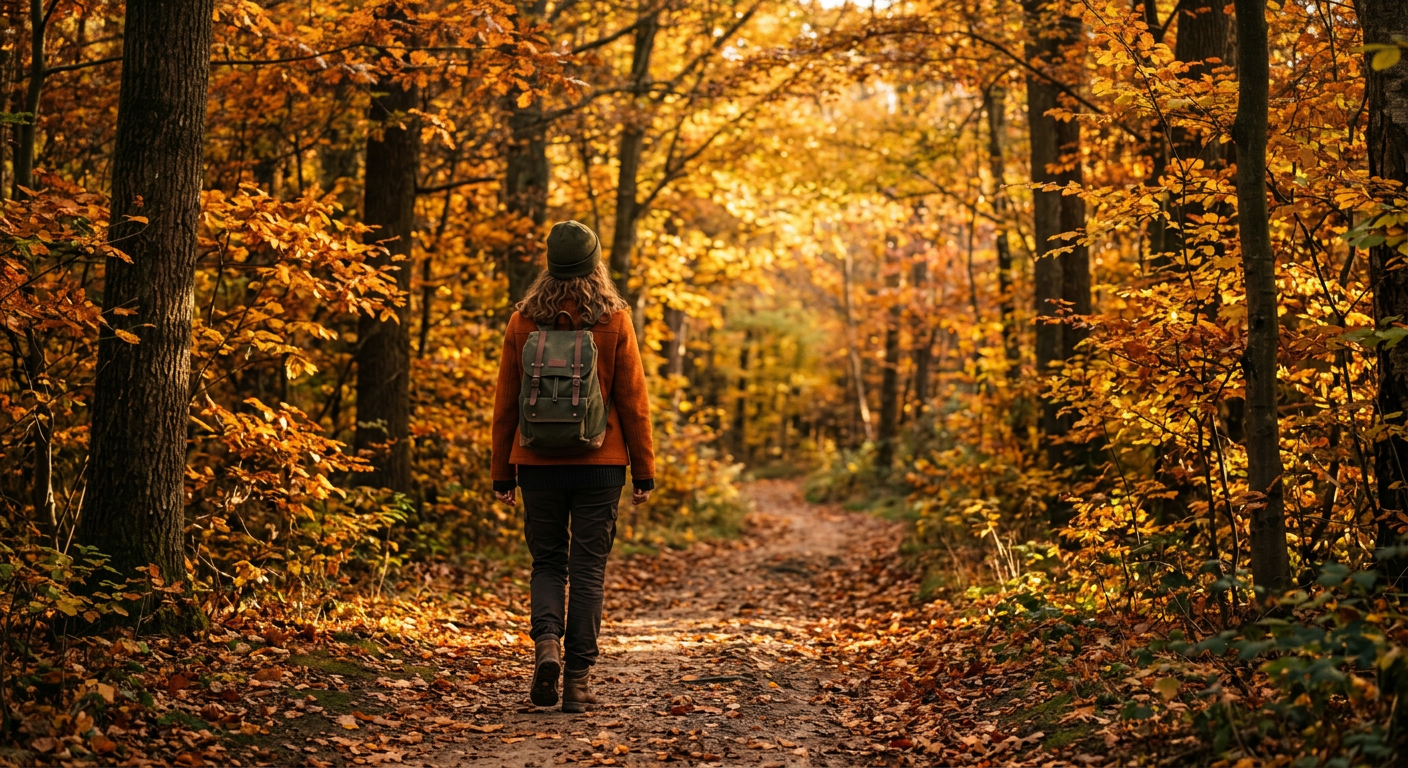 Frau geht allein einen Waldweg im Herbst entlang, goldenes Licht