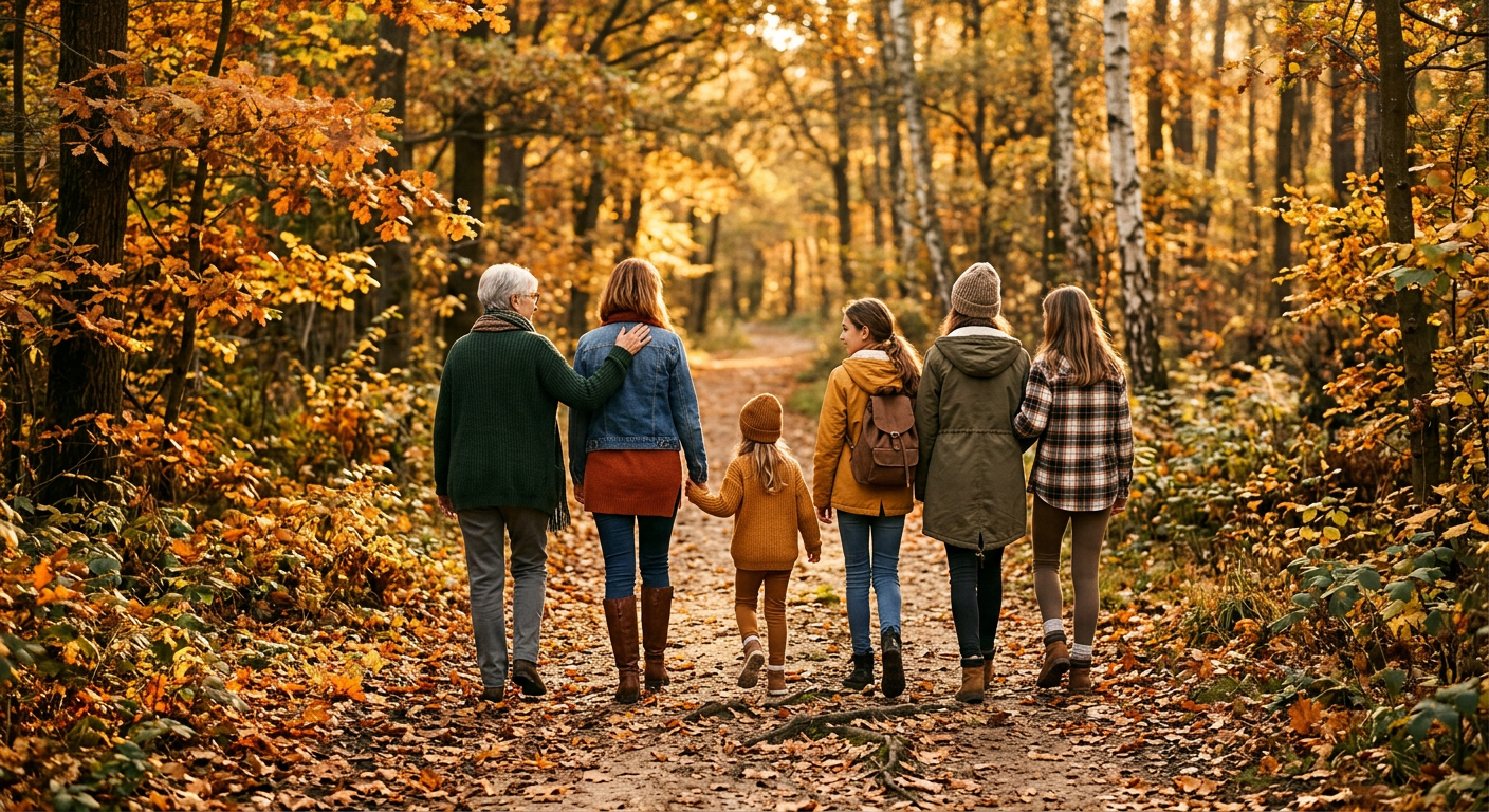 Familie beim Spaziergang im Herbstwald, Rückenansicht, warme Erdtöne