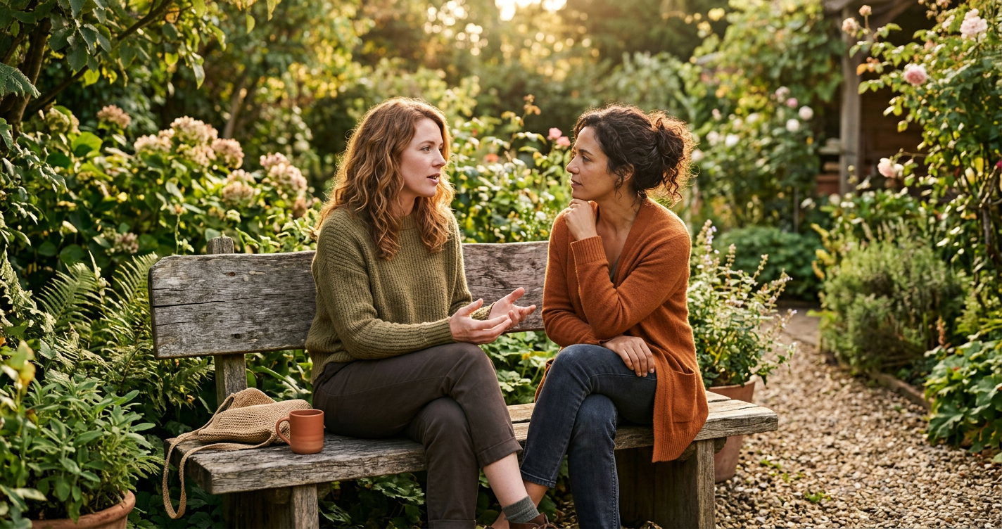 Zwei Frauen sitzen auf einer Gartenbank und führen ein tiefes Gespräch im warmen Nachmittagslicht
