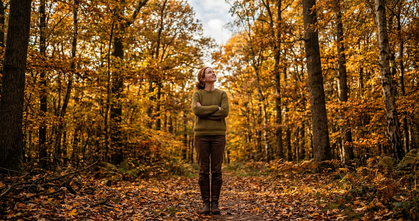 Frau steht allein in einem herbstlichen Wald und blickt nachdenklich zu den Baumkronen