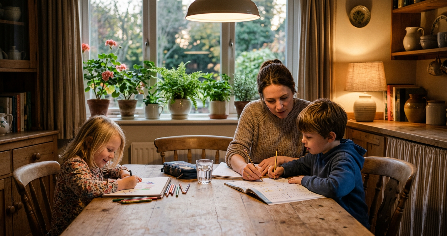 Frau hilft einem Kind bei den Hausaufgaben am Küchentisch, ein anderes Kind malt daneben