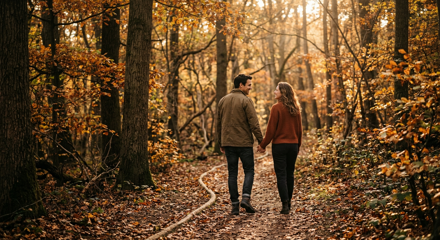 Paar geht zusammen durch einen Wald, Herbstlicht fällt durch die Bäume