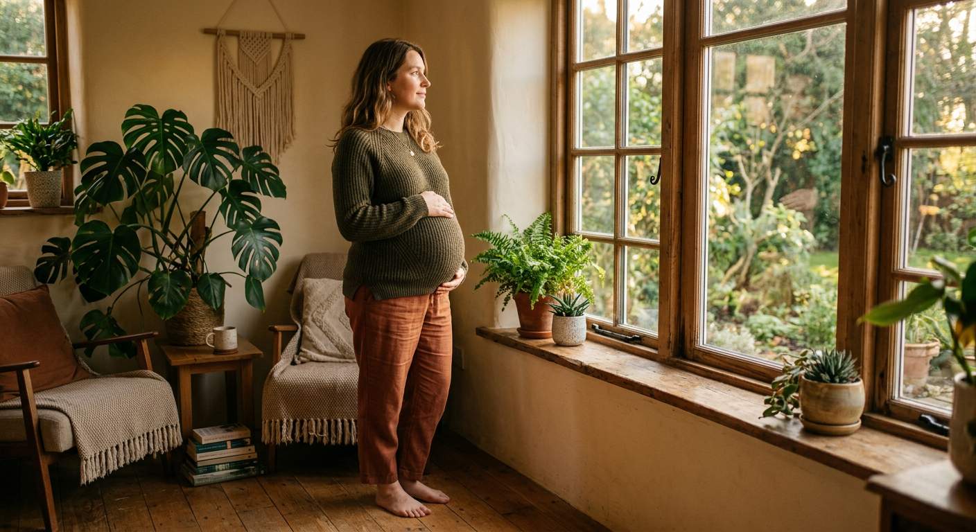 Schwangere Bonusmama steht am Fenster, Hand auf dem Bauch, hoffnungsvoll und nachdenklich