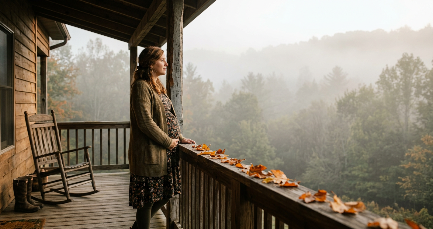 Schwangere Frau steht auf einer Veranda und blickt in einen nebligen Morgenwald