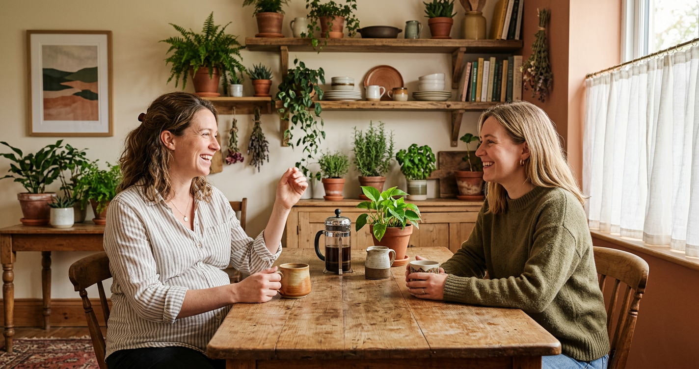 Zwei Frauen unterhalten sich bei Kaffee am Küchentisch, eine ist sichtbar schwanger