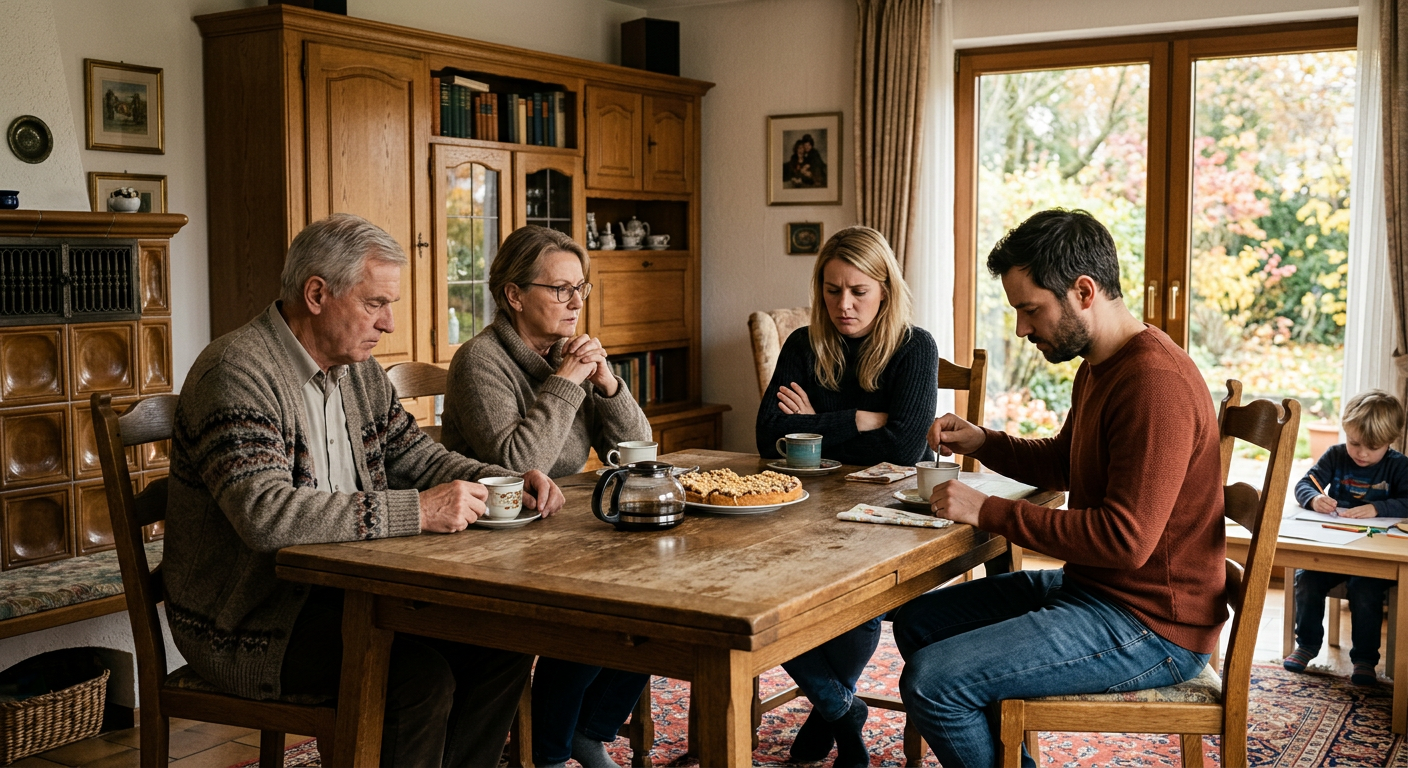 Erweiterte Patchworkfamilie beim gemeinsamen Kaffeetrinken — unterschwellige Spannungen