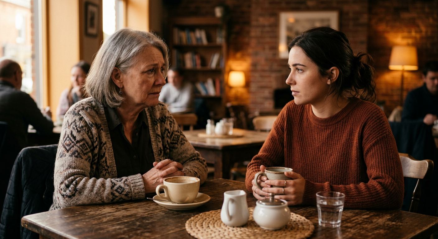 Älteres Paar und jüngere Frau sitzen an einem Tisch, angespannte Atmosphäre