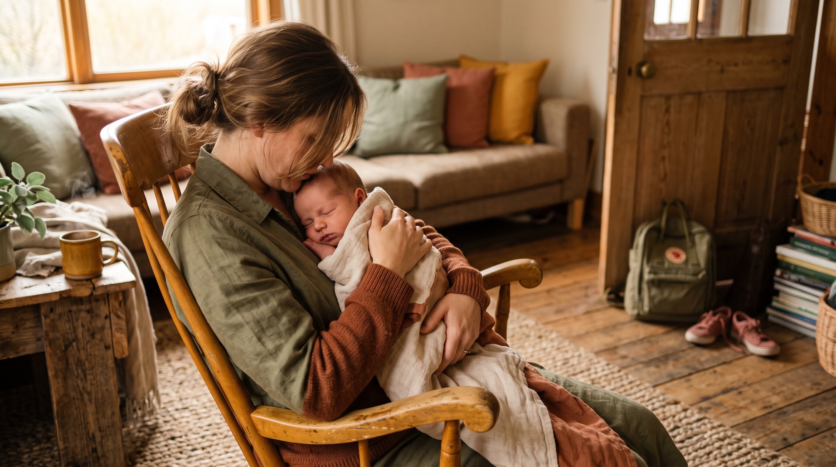 Mutter wiegt ihr Baby in einem warmen, ruhigen Wohnzimmer