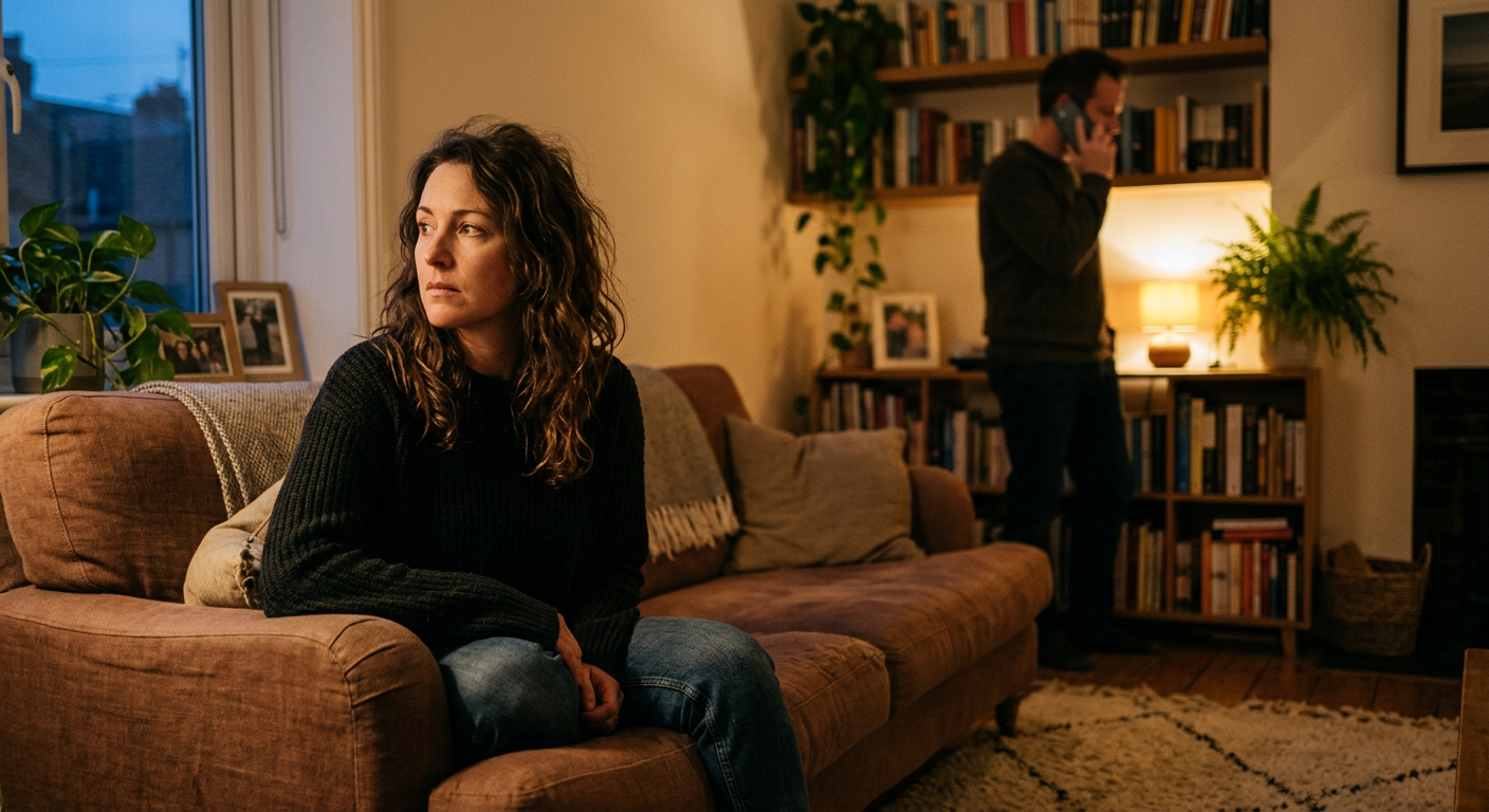 Frau sitzt nachdenklich auf dem Sofa, während im Hintergrund ihr Partner telefoniert