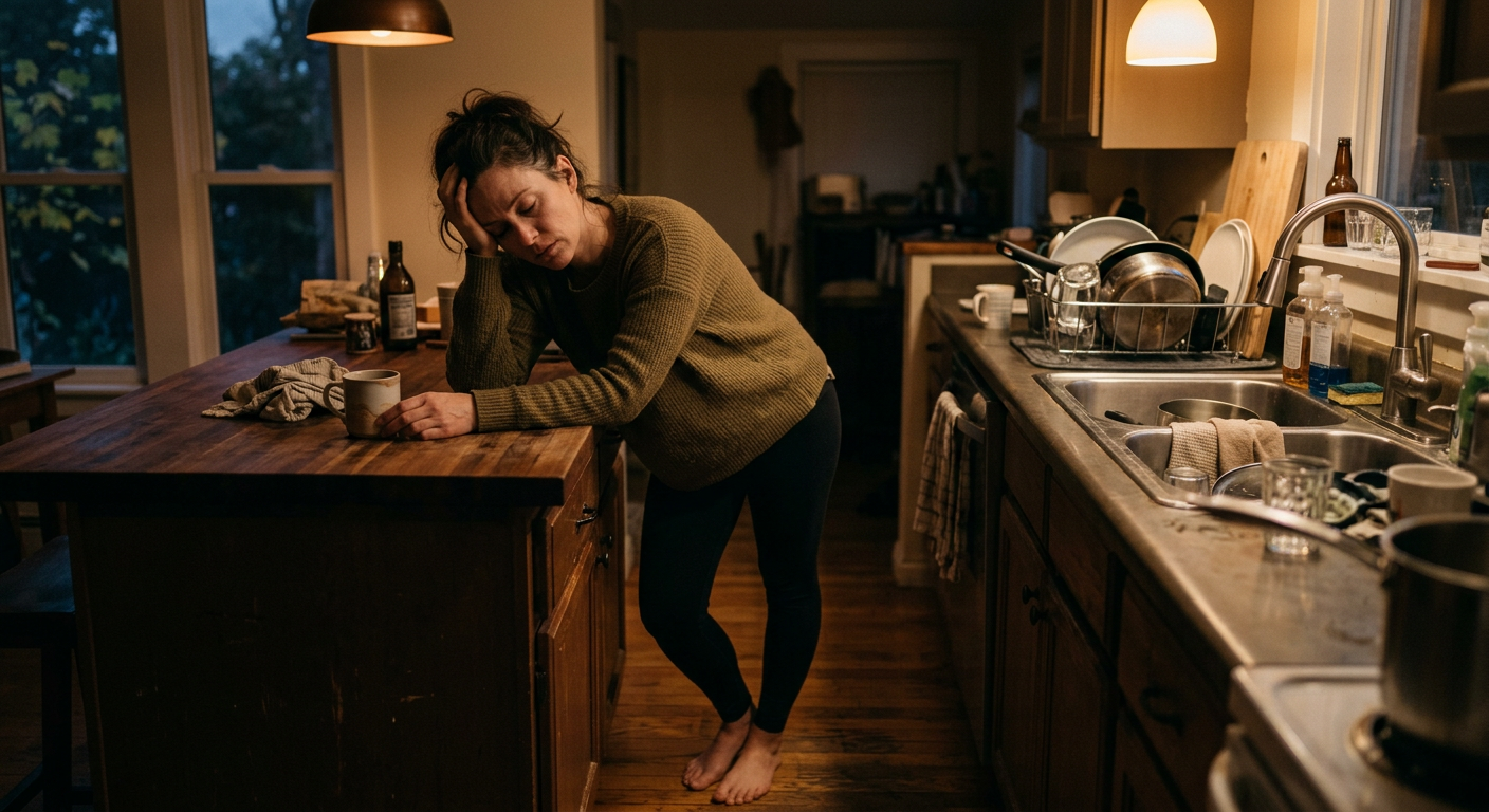 Erschöpfte Frau sitzt allein am Küchentisch — der unsichtbare Alltag als Bonusmama