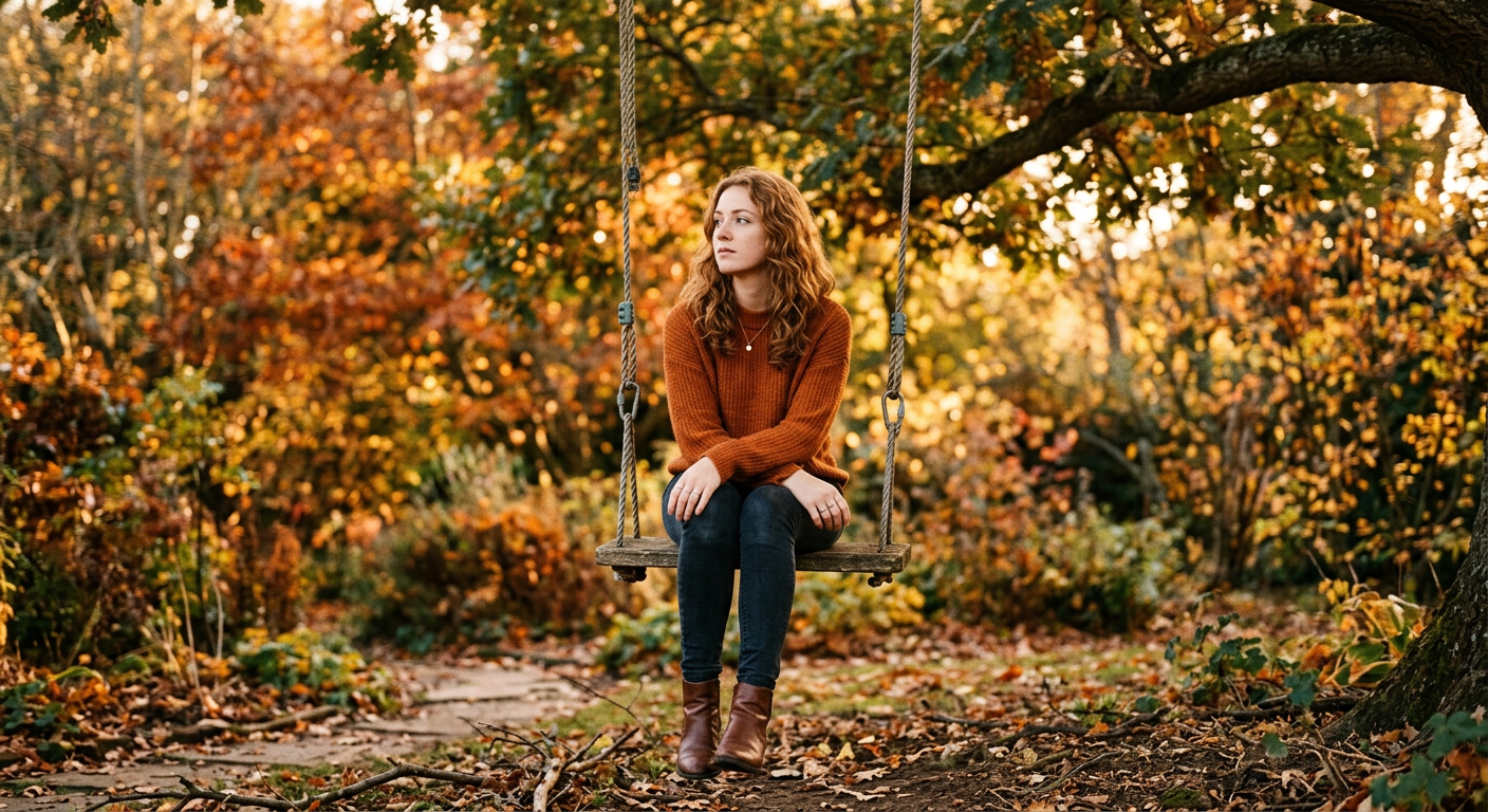 Junge Frau sitzt nachdenklich auf einer Schaukel und blickt in die Ferne