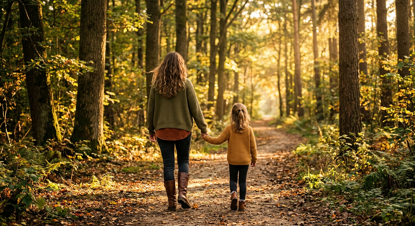 Frau und Kind gehen zusammen durch einen sonnendurchfluteten Wald, Rückenansicht
