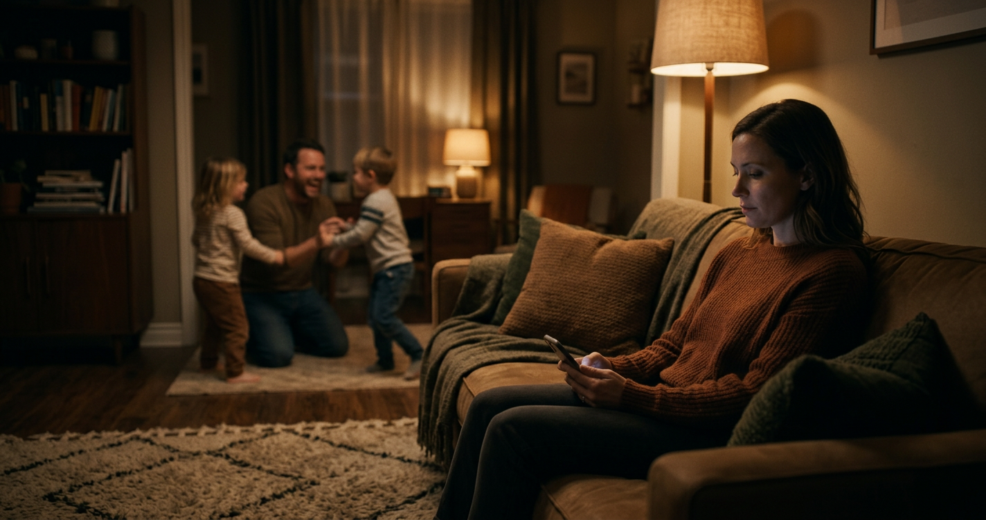 Frau sitzt allein auf dem Sofa und schaut auf ihr Handy während im Hintergrund der Partner mit den Kindern spielt