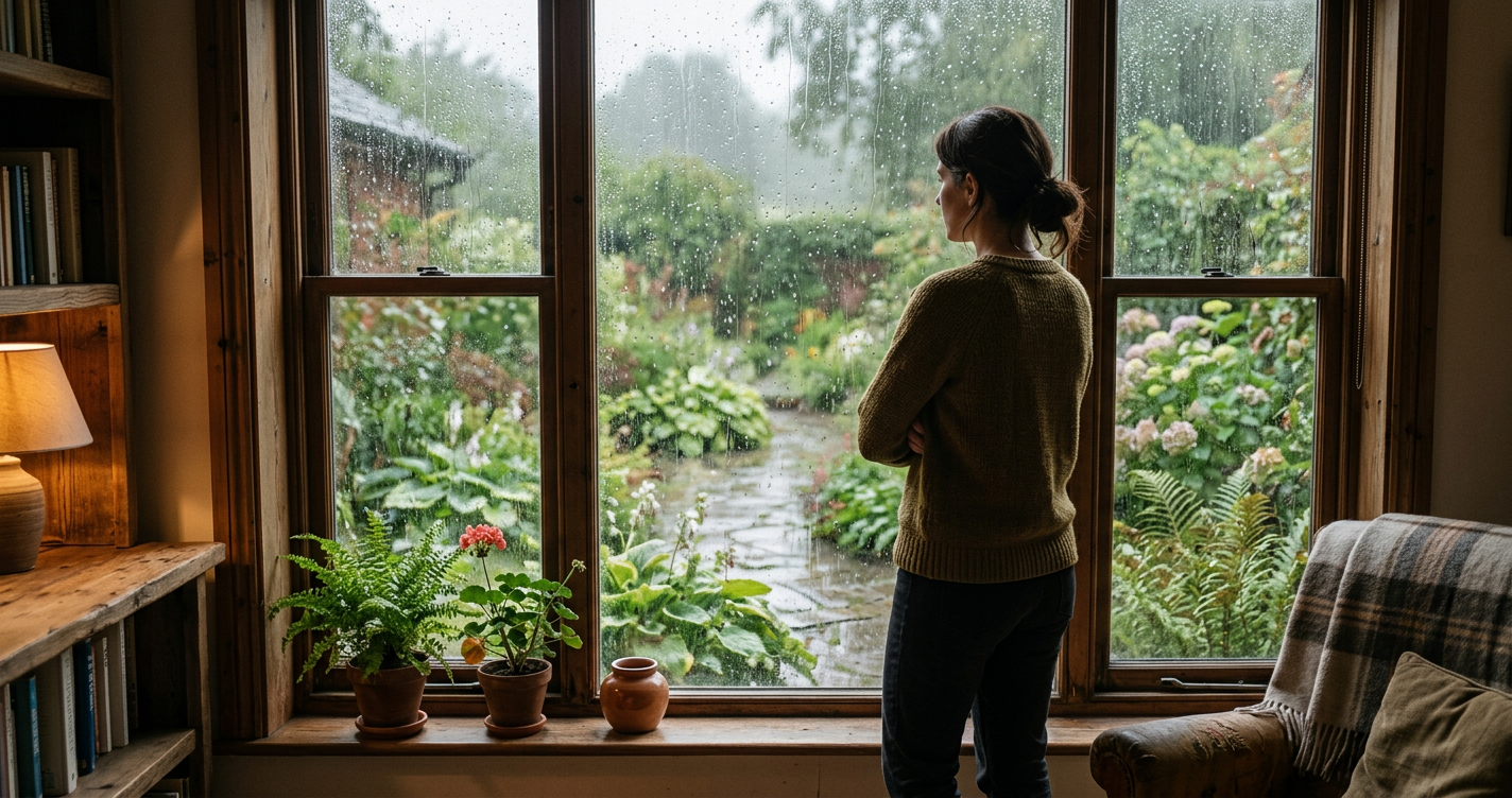 Frau steht am Fenster und blickt nachdenklich hinaus auf einen verregneten Garten