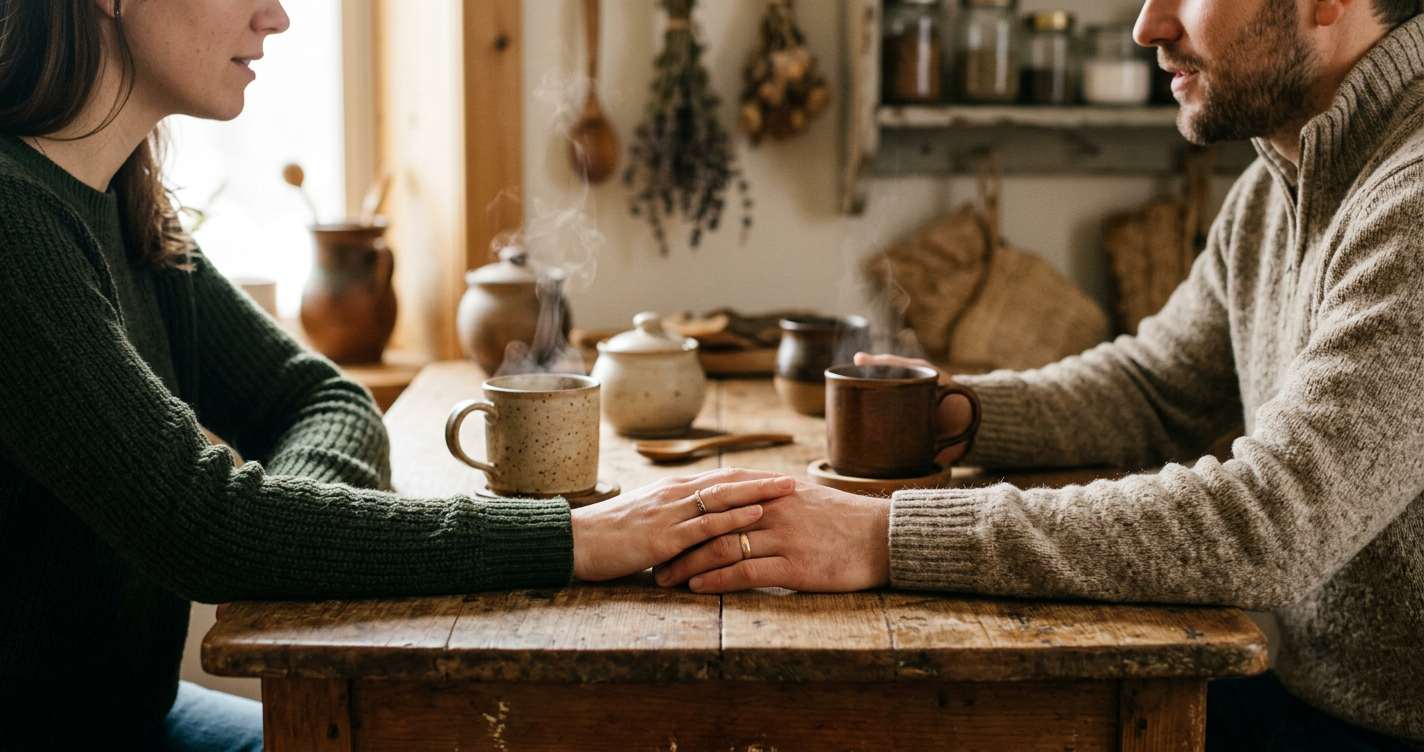 Paar hält Händchen über einem kleinen Küchentisch, Kaffeetassen dazwischen, intimes Gespräch