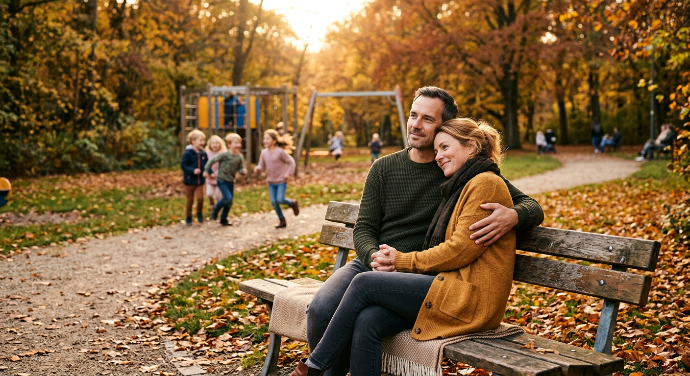 Paar sitzt auf einer Parkbank, lehnt aneinander, im Hintergrund spielende Kinder