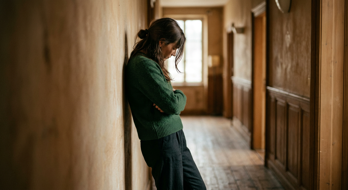 Frau lehnt nachdenklich an einer Wand, weiches Licht, ruhige Atmosphäre