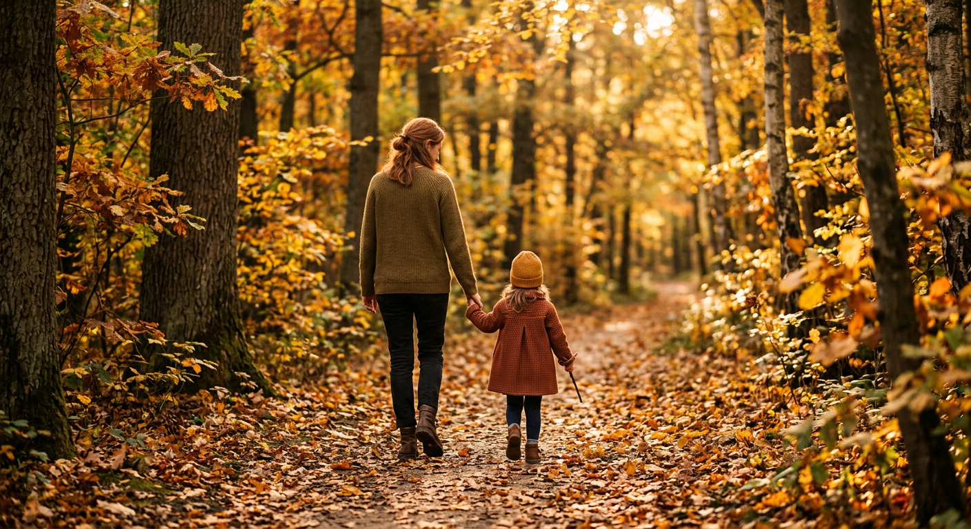 Frau und Kind lachen zusammen in der Natur, warme Erdtöne