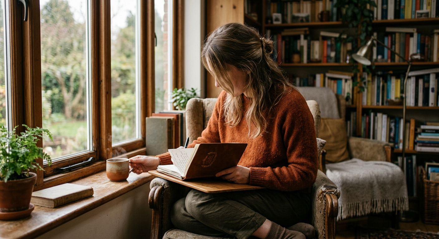 Frau sitzt nachdenklich am Fenster, weiches Licht, warme Farbtöne