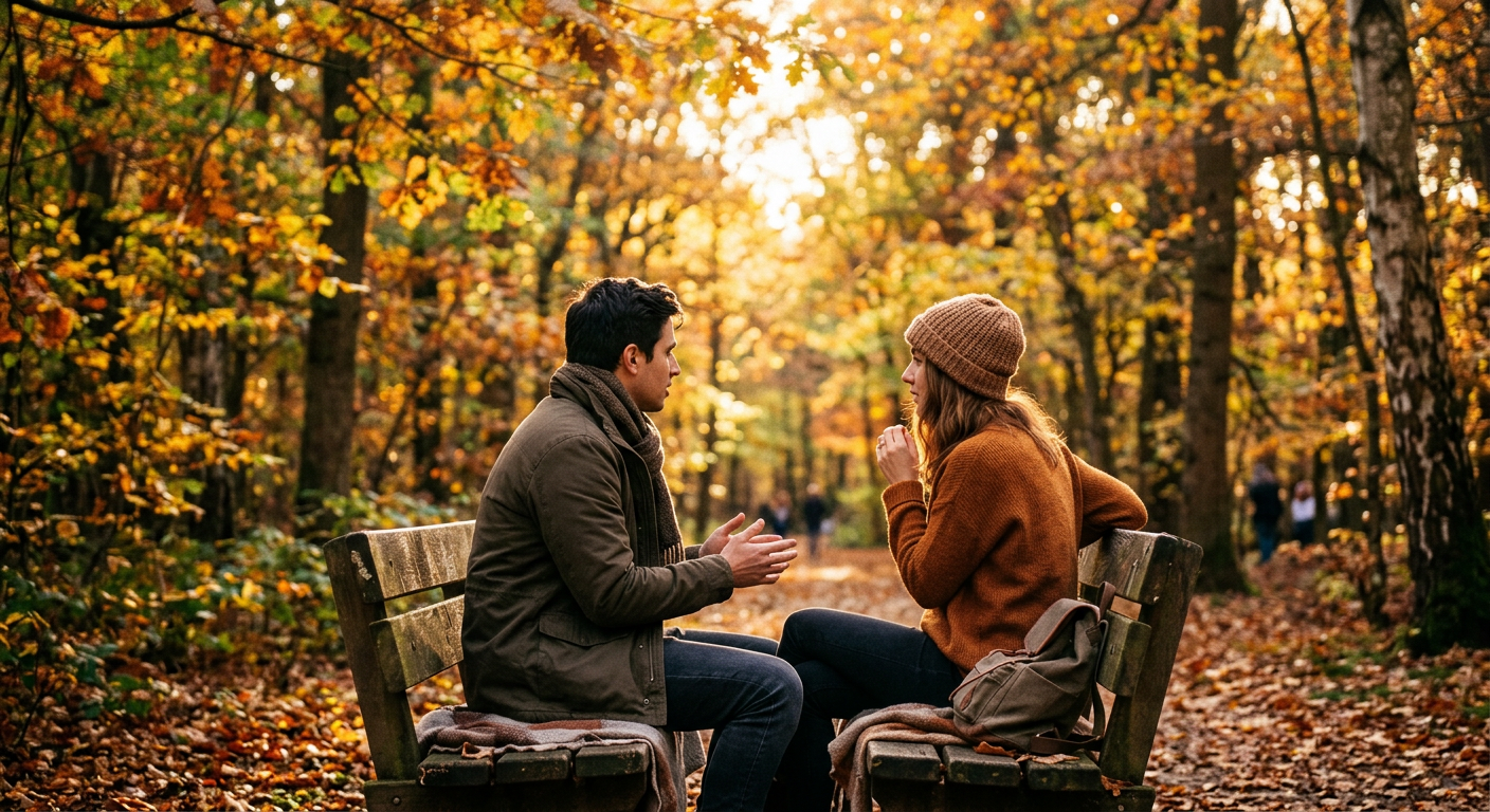 Paar sitzt auf einer Bank im Park und redet miteinander, warmes Licht