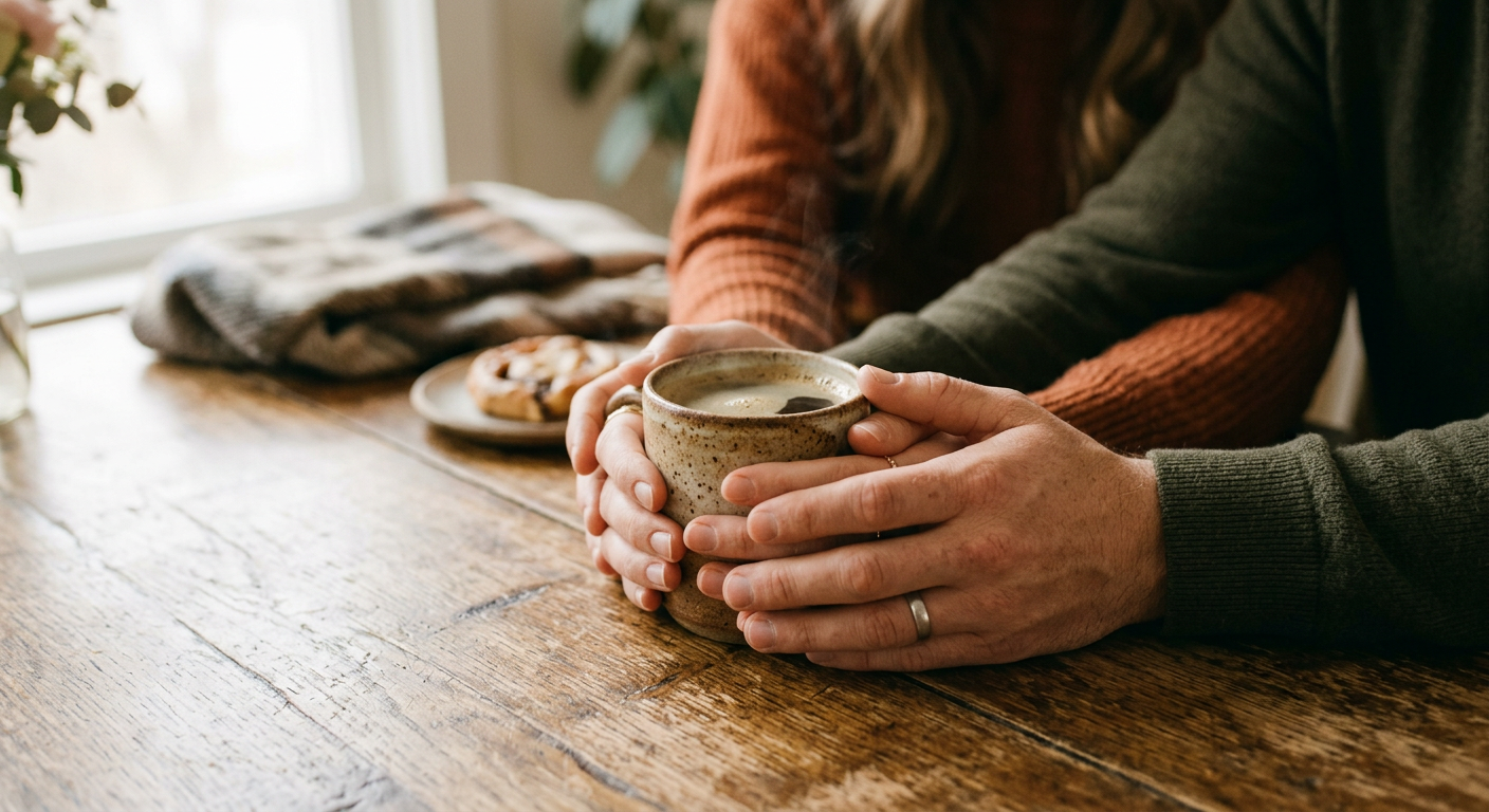 Zwei Hände halten eine Tasse Kaffee zusammen, gemütliche Atmosphäre