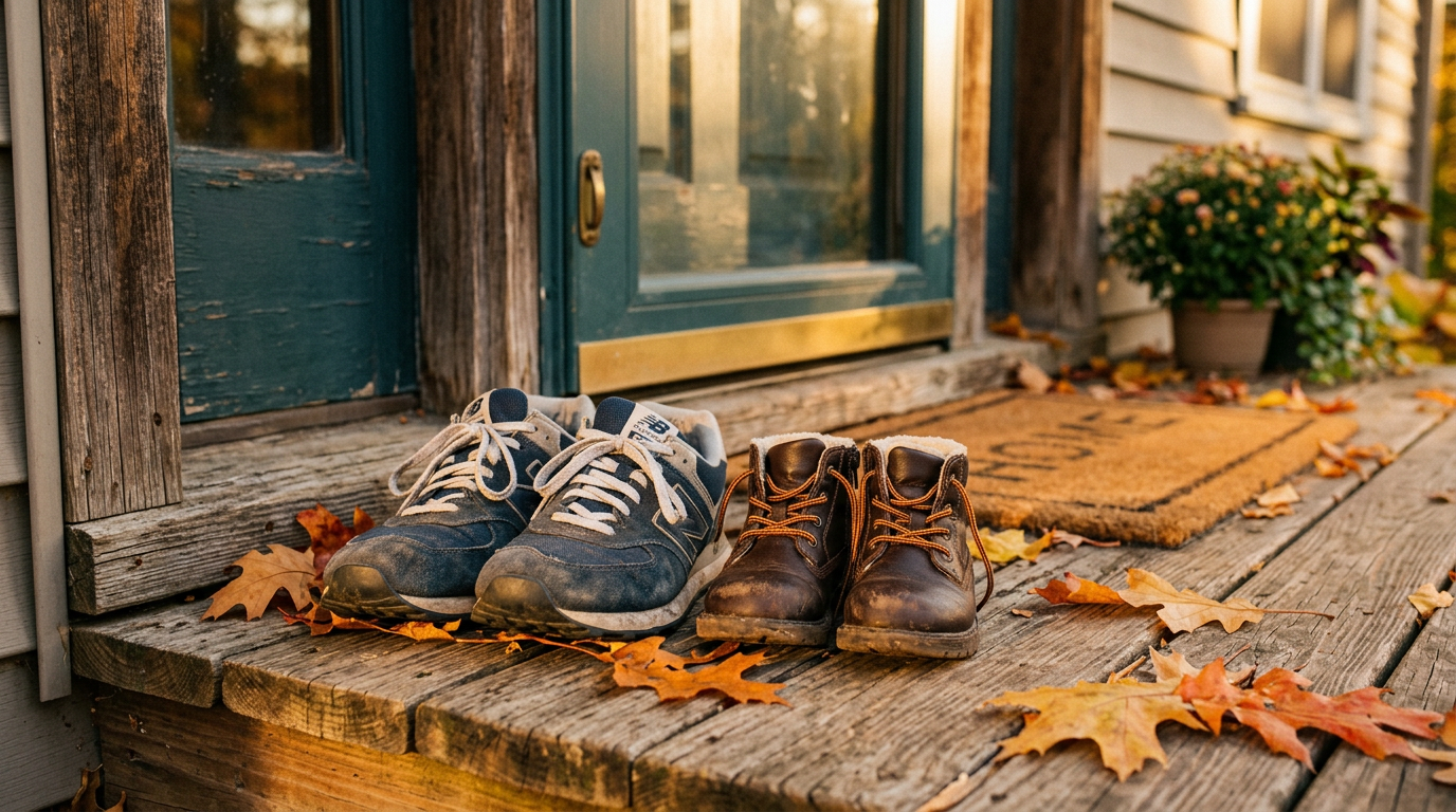 Zwei Paar Schuhe nebeneinander vor einer Haustür