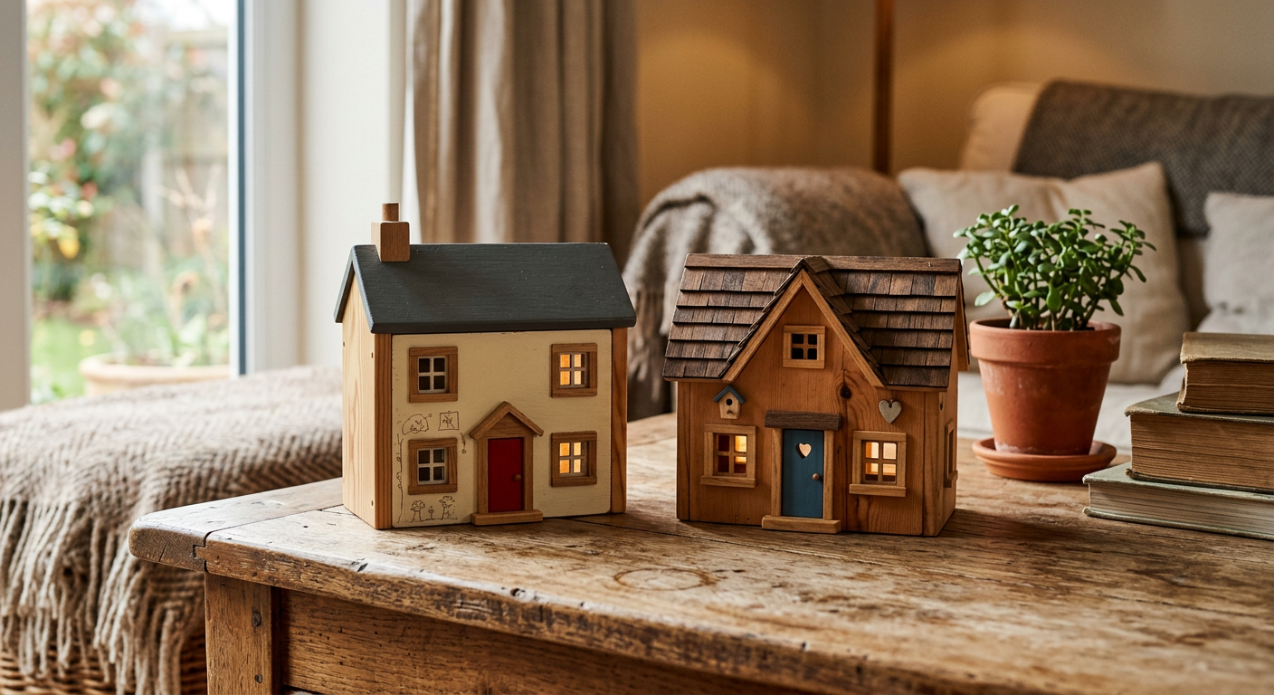 Zwei kleine Holzhäuser nebeneinander auf einem Tisch — Symbol für zwei Zuhause in einer Patchworkfamilie