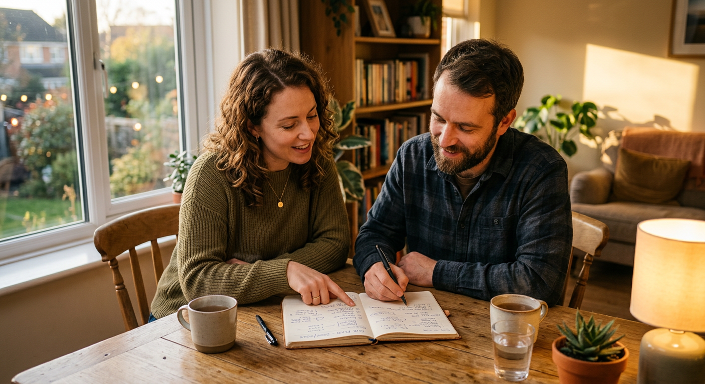 Paar sitzt zusammen am Tisch mit Notizbuch und plant gemeinsam