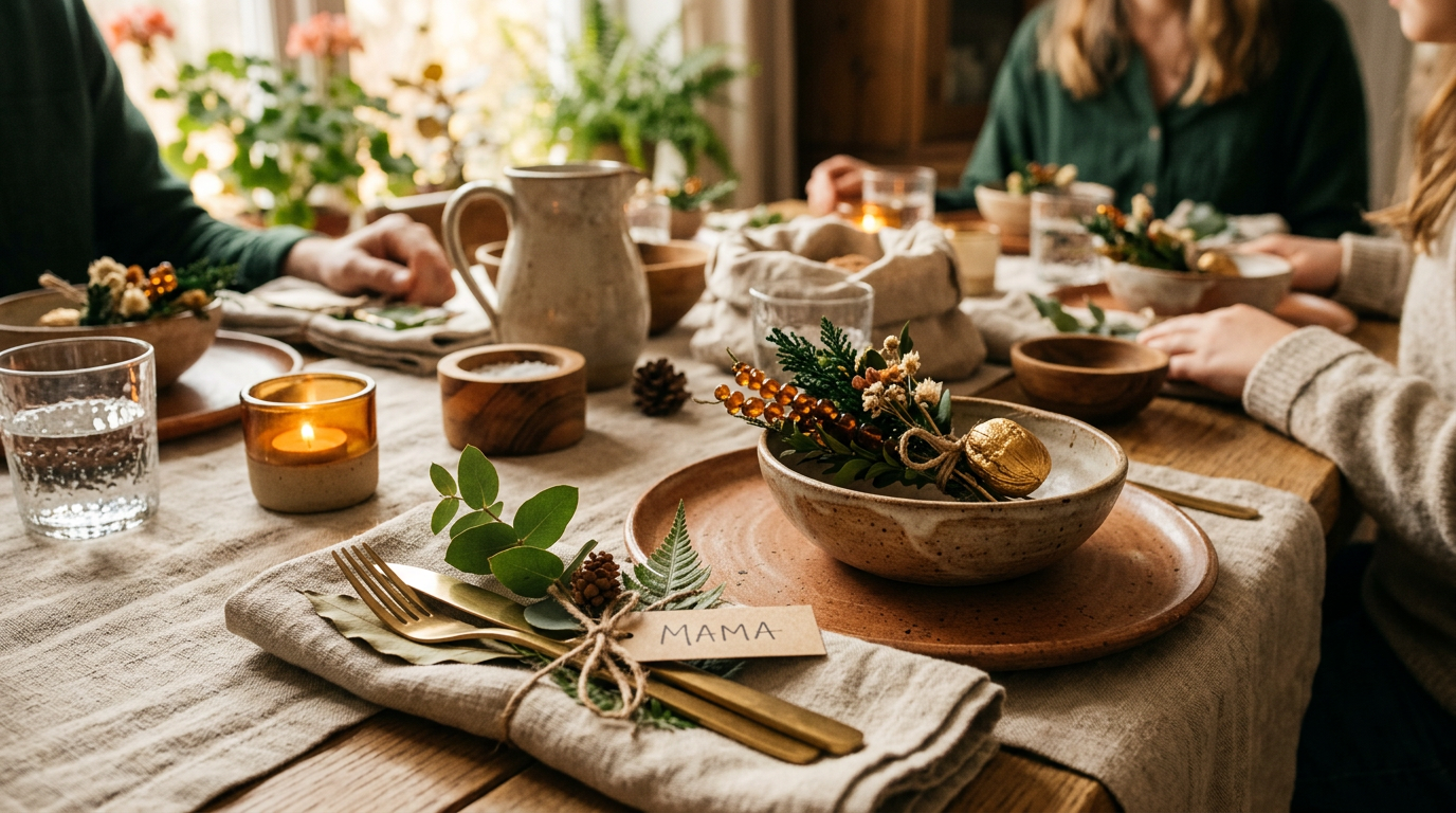 Patchworkfamilie sitzt gemeinsam am Weihnachtstisch mit warmem Kerzenlicht