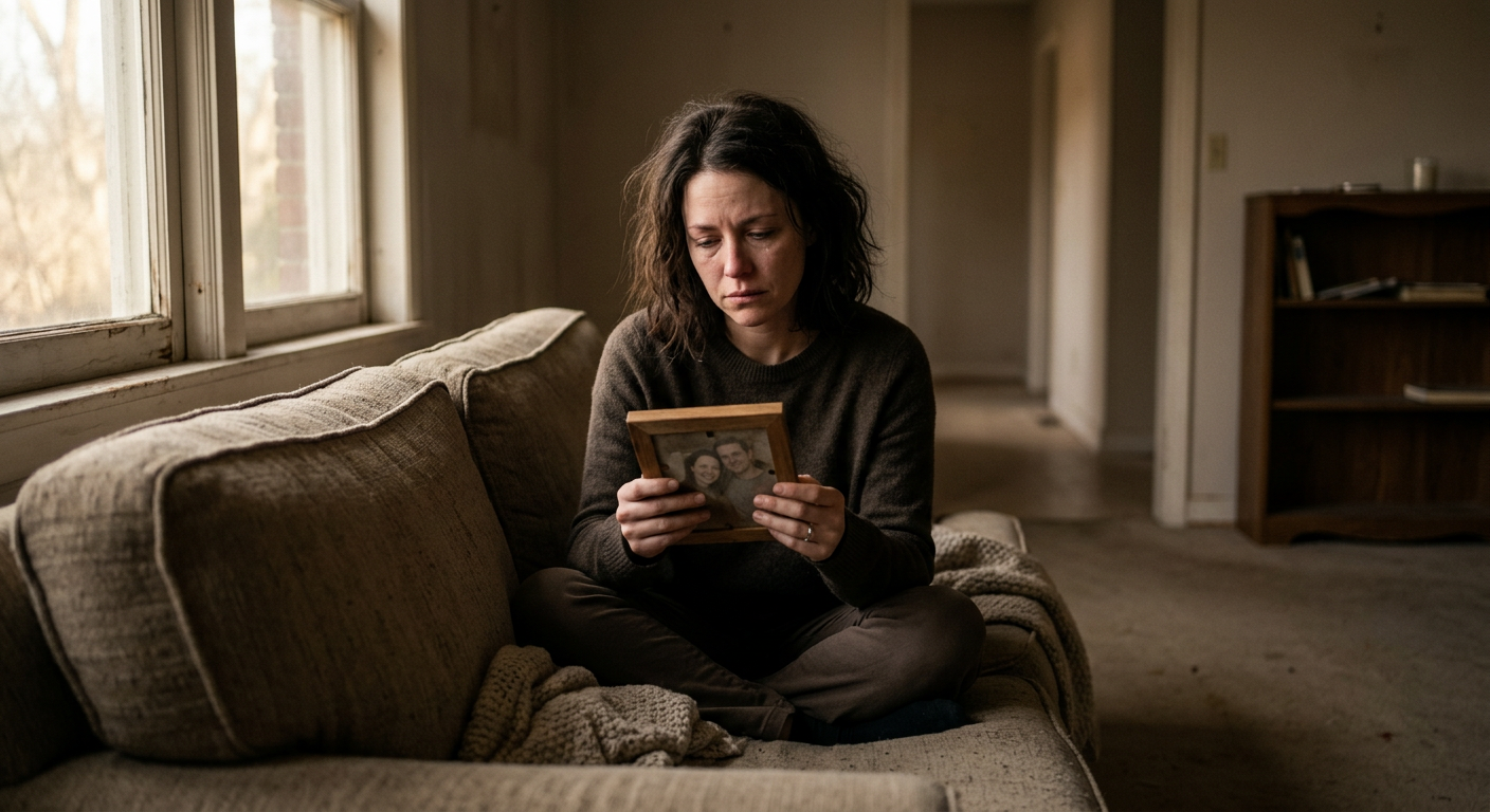 Frau sitzt allein auf dem Sofa und blickt nachdenklich auf ein Foto — Kontaktabbruch durch Bonuskinder verarbeiten