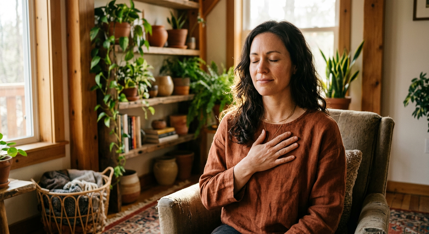 Frau hält sich die Hand ans Herz und schließt die Augen — innere Arbeit und Heilung als Bonusmama