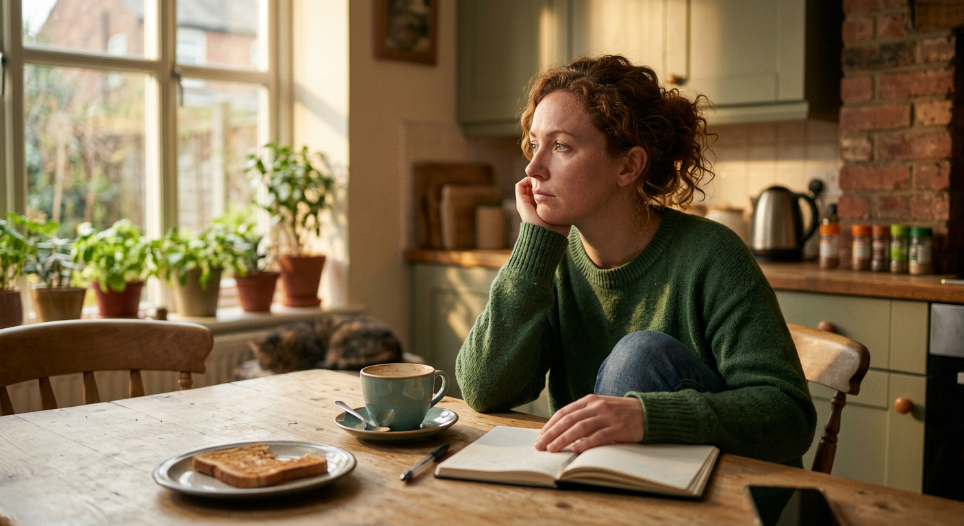 Frau sitzt nachdenklich am Küchentisch einer Patchworkfamilie, leere Kaffeetasse